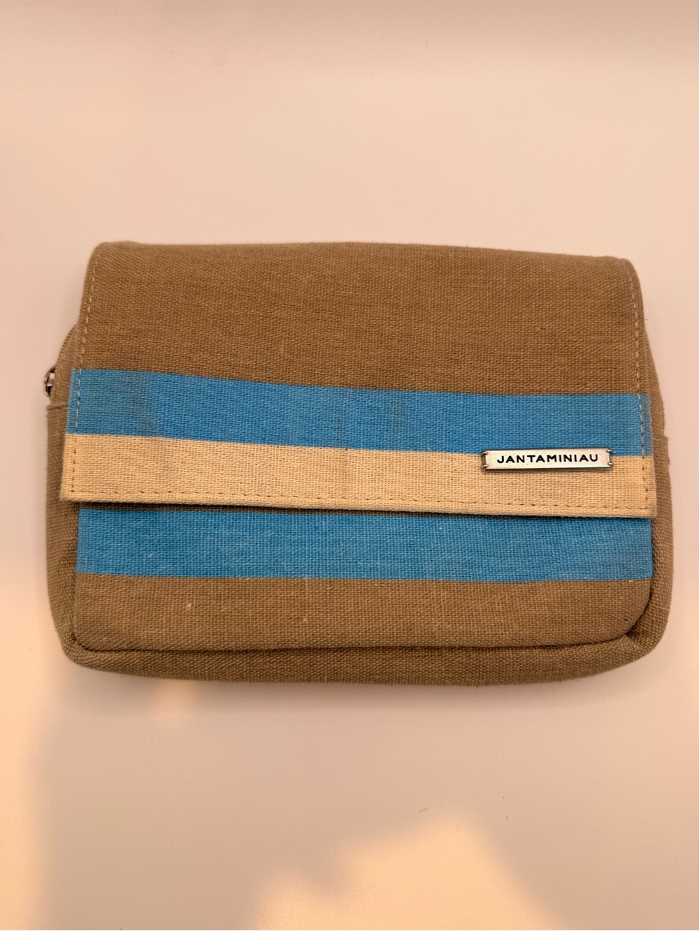 Jantaminiau Canvas Toiletry Bag in Brown with Blue & Cream Stripes